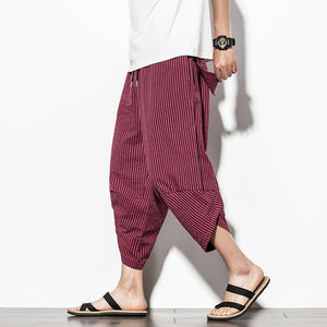 Summer Cotton Harem Pants Men Casual Hip Hop Trousers Drawstring Cross Bloomers Calf-Length Pants Joggers Streetwear