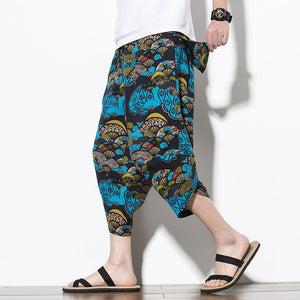 Summer Cotton Harem Pants Men Casual Hip Hop Trousers Drawstring Cross Bloomers Calf-Length Pants Joggers Streetwear