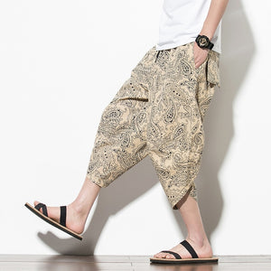 Summer Cotton Harem Pants Men Casual Hip Hop Trousers Drawstring Cross Bloomers Calf-Length Pants Joggers Streetwear