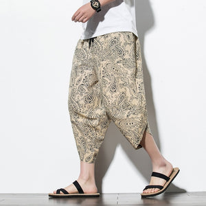 Summer Cotton Harem Pants Men Casual Hip Hop Trousers Drawstring Cross Bloomers Calf-Length Pants Joggers Streetwear