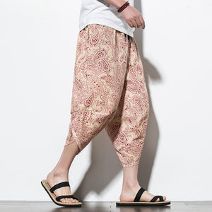 Summer Cotton Harem Pants Men Casual Hip Hop Trousers Drawstring Cross Bloomers Calf-Length Pants Joggers Streetwear